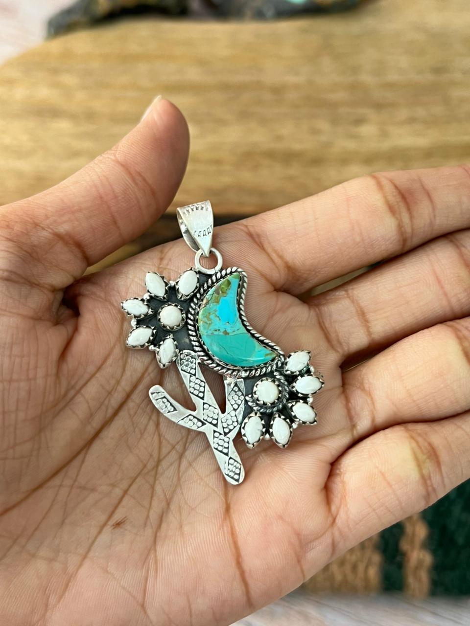 Handmade Sterling Silver Kingman Turquoise with White Buffalo Pendant "Signed Nizhoni"