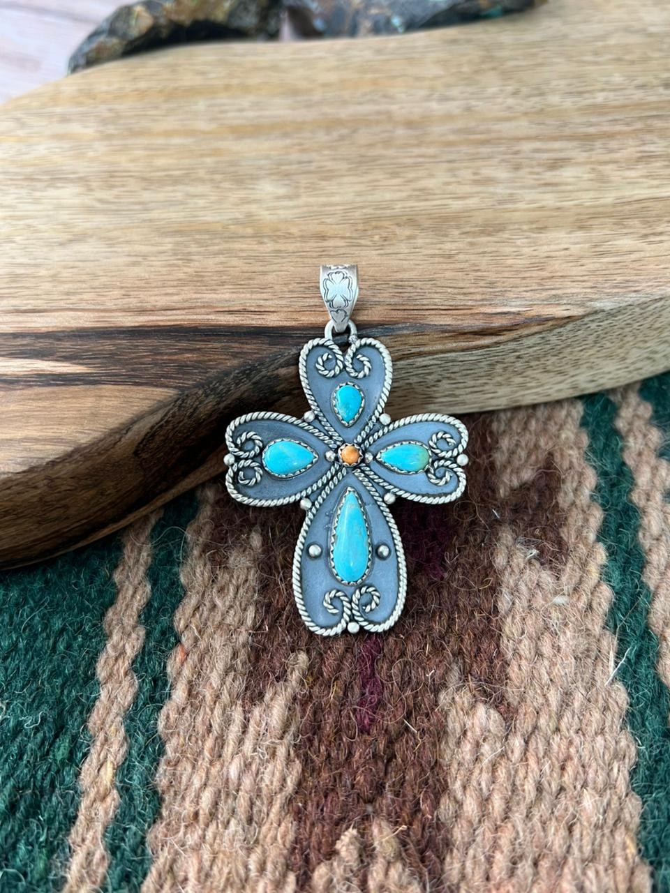 Handmade Sterling Silver Orange Mojave with Kingman Turquoise Pendant "Signed Nizhoni"