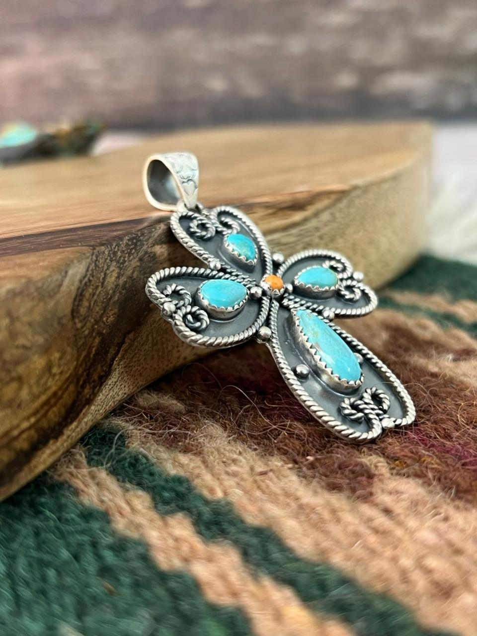 Handmade Sterling Silver Orange Mojave with Kingman Turquoise Pendant "Signed Nizhoni"