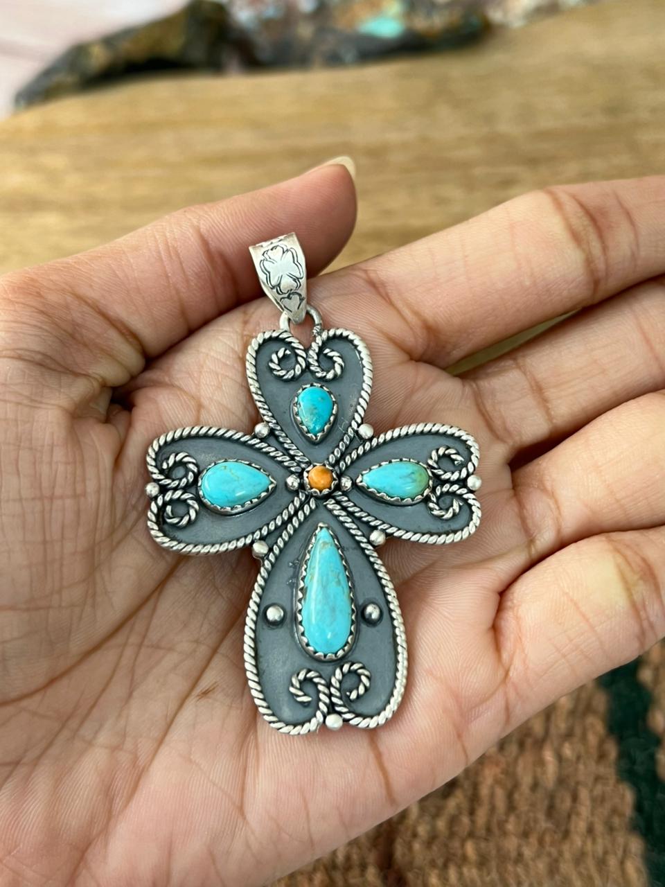 Handmade Sterling Silver Orange Mojave with Kingman Turquoise Pendant "Signed Nizhoni"