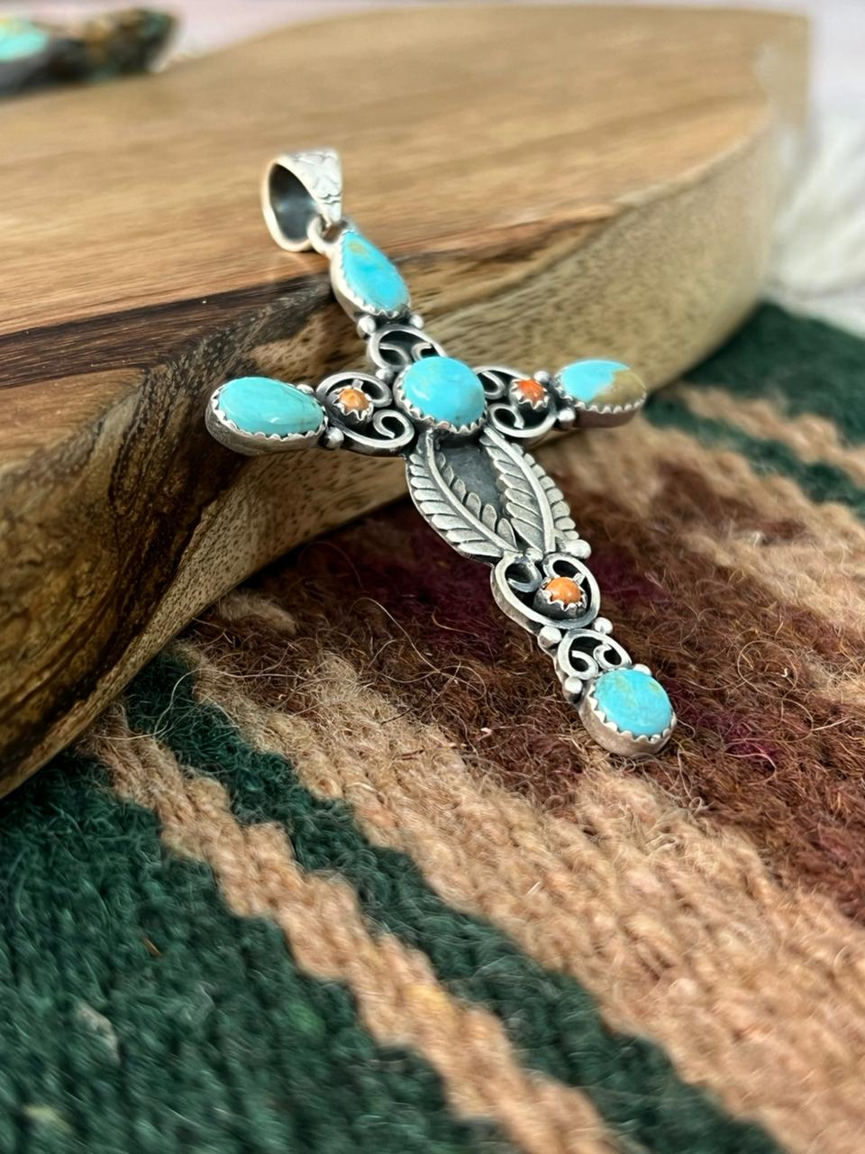 Handmade Sterling Silver Orange Mojave with Kingman Turquoise Cross Pendant "Signed Nizhoni"