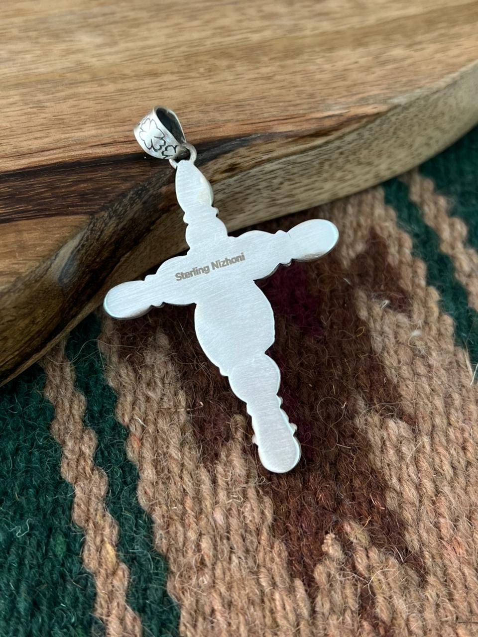Handmade Sterling Silver Orange Mojave with Kingman Turquoise Cross Pendant "Signed Nizhoni"