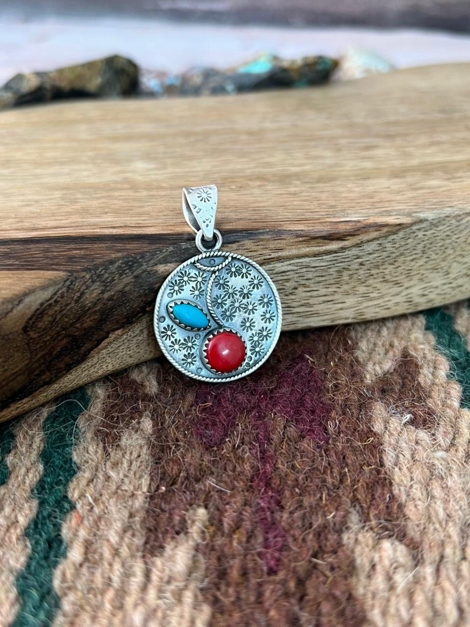 Handmade Sterling Silver Rosarita with Kingman Turquoise Cherry Pendant "Signed Nizhoni"