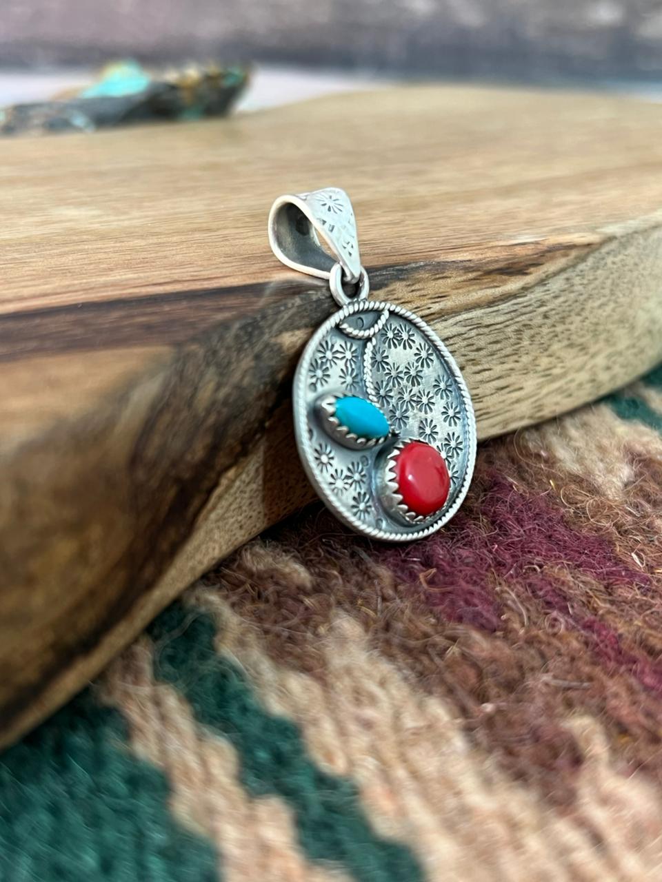 Handmade Sterling Silver Rosarita with Kingman Turquoise Cherry Pendant "Signed Nizhoni"