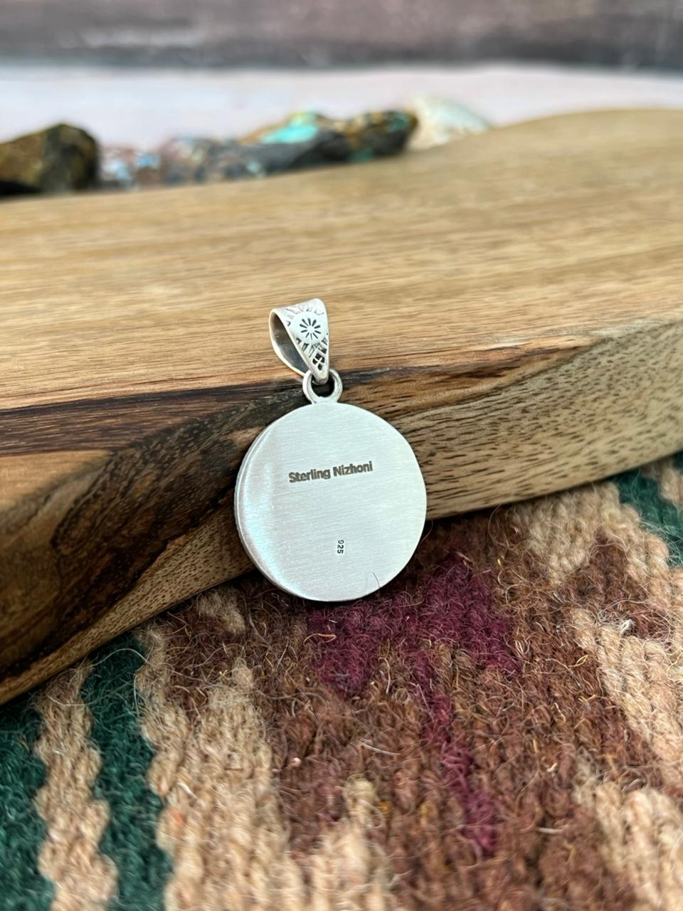 Handmade Sterling Silver Rosarita with Kingman Turquoise Cherry Pendant "Signed Nizhoni"