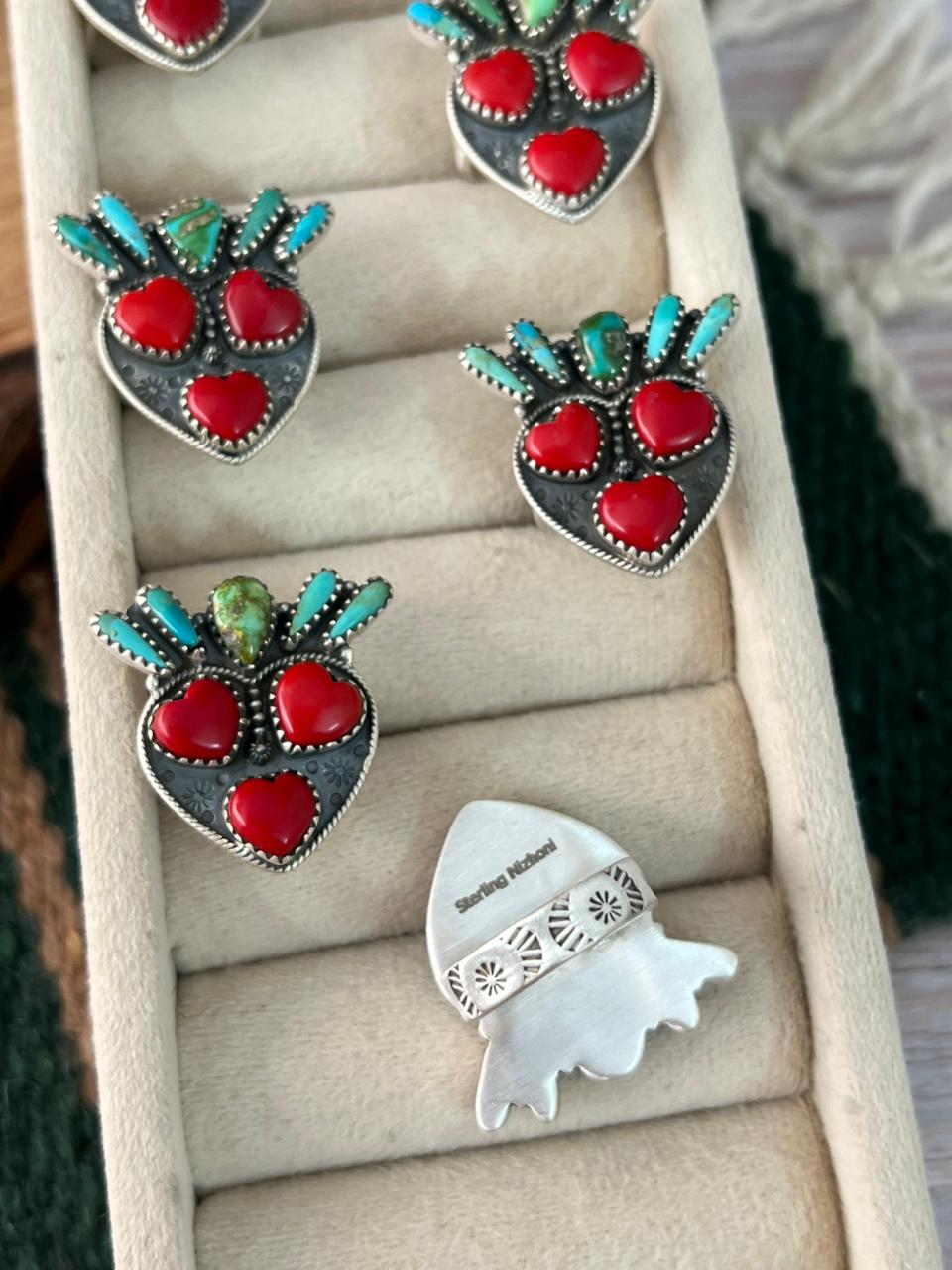 Handmade Sterling Silver Rosarita with Sonoran Mountain and Kingman Turquoise Cherry Adjustable Ring "Signed Nizhoni"