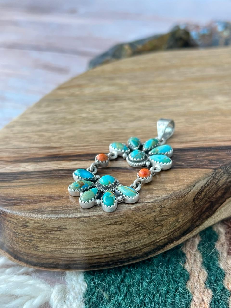 Handmade Sterling Silver Orange Mojave with Kingman Turquoise Pendant "Signed Nizhoni"