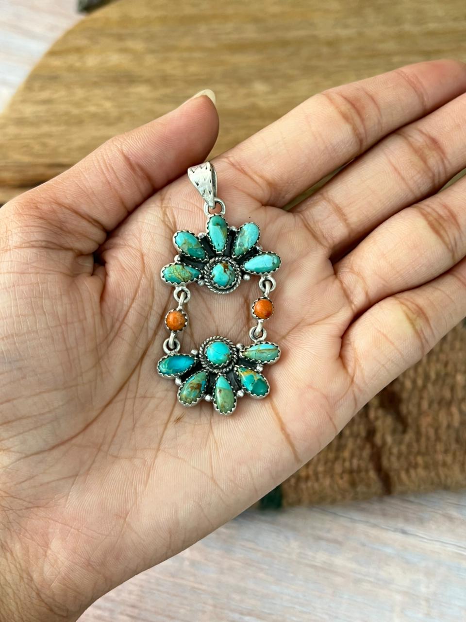Handmade Sterling Silver Orange Mojave with Kingman Turquoise Pendant "Signed Nizhoni"