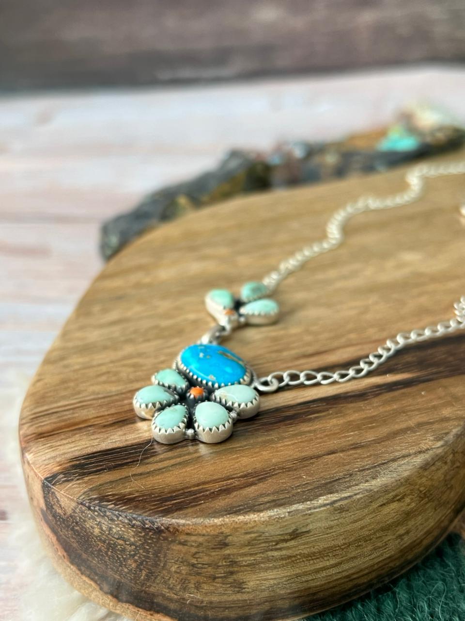 Handmade Sterling Silver Sierra Bella with Paloma Turquoise and Orange Mojave Necklace "Signed Nizhoni"
