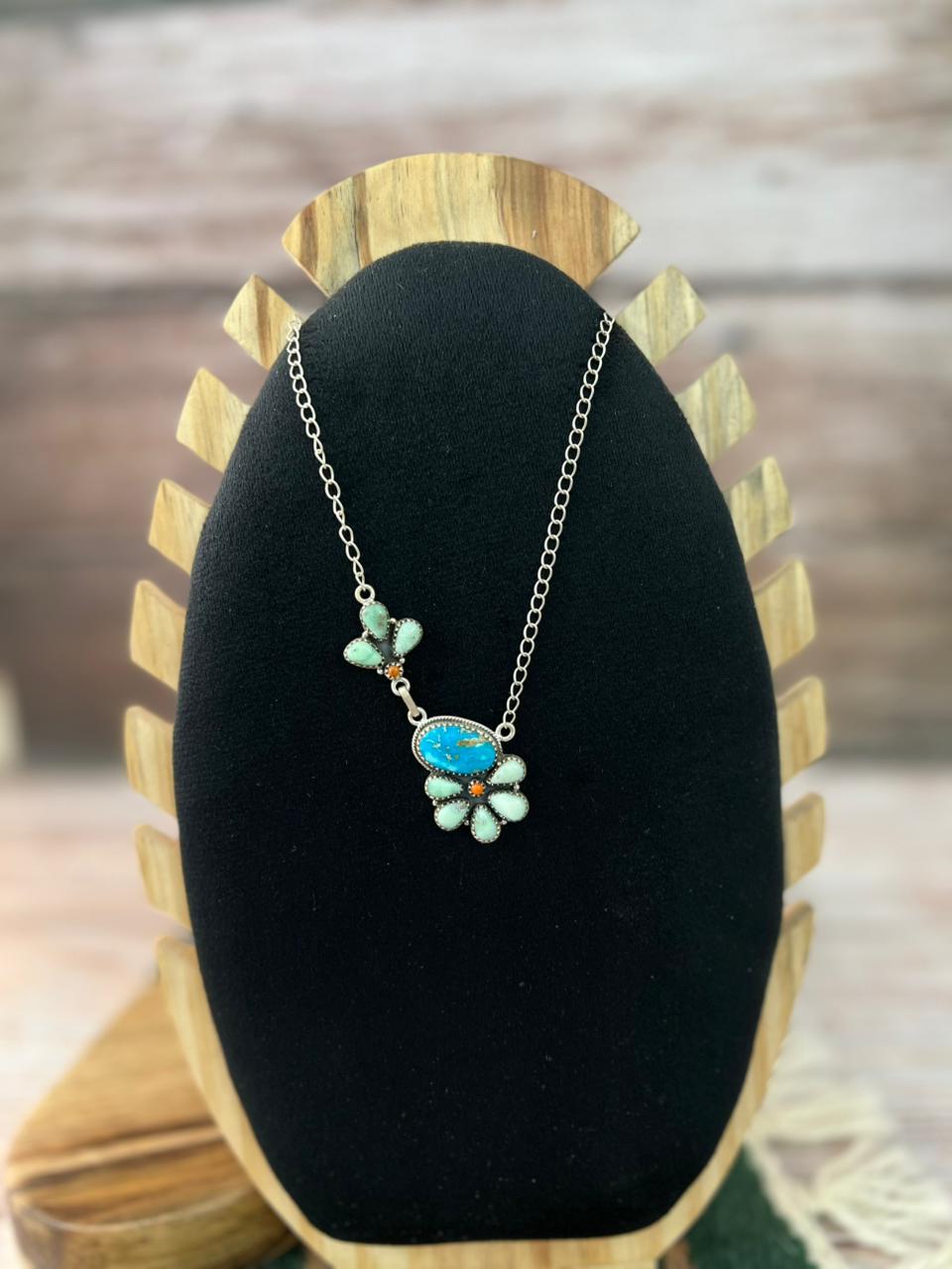 Handmade Sterling Silver Sierra Bella with Paloma Turquoise and Orange Mojave Necklace "Signed Nizhoni"
