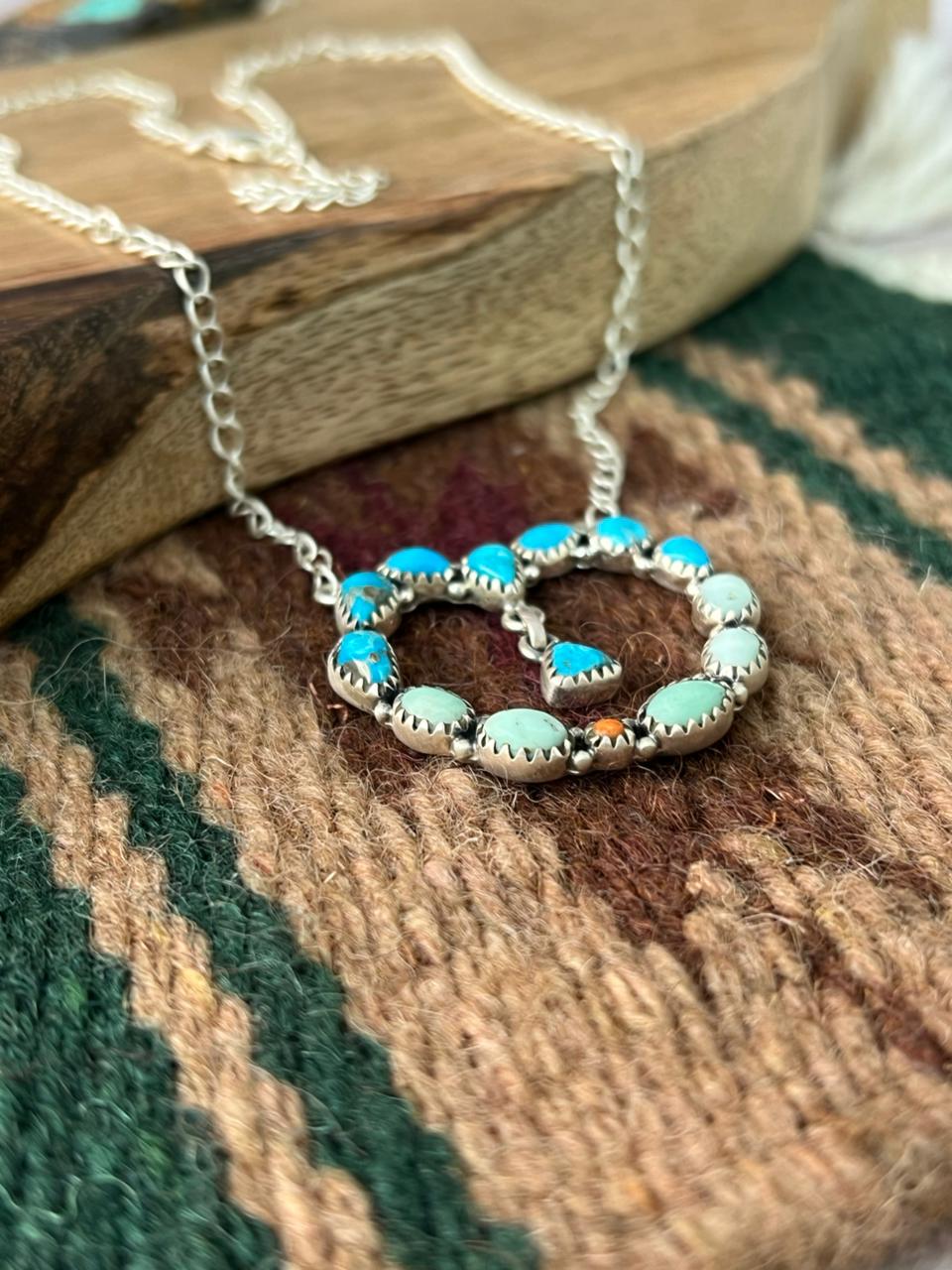 Handmade Sterling Silver Sierra Bella with Paloma Turquoise and Orange Mojave Heart Necklace "Signed Nizhoni"