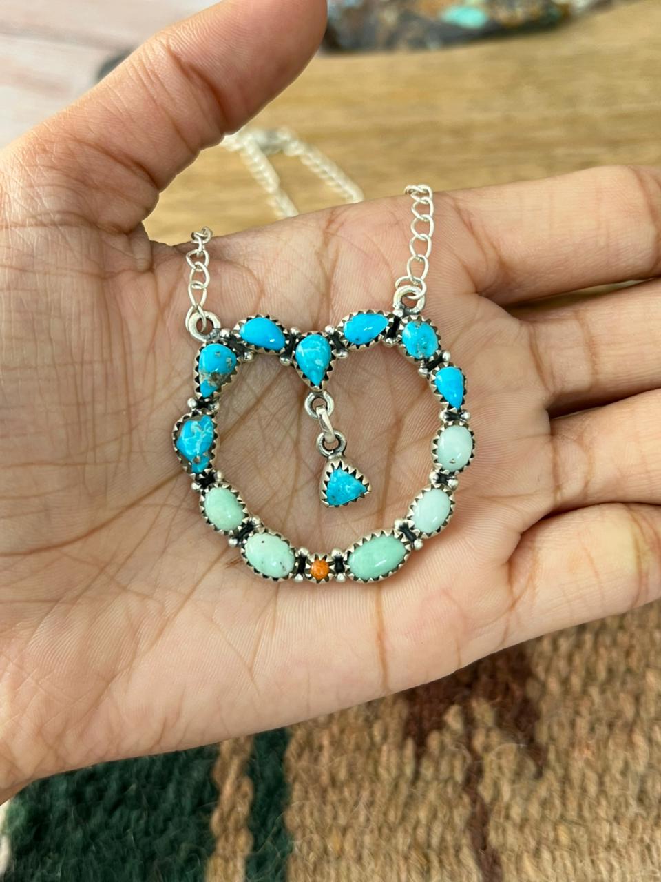 Handmade Sterling Silver Sierra Bella with Paloma Turquoise and Orange Mojave Heart Necklace "Signed Nizhoni"