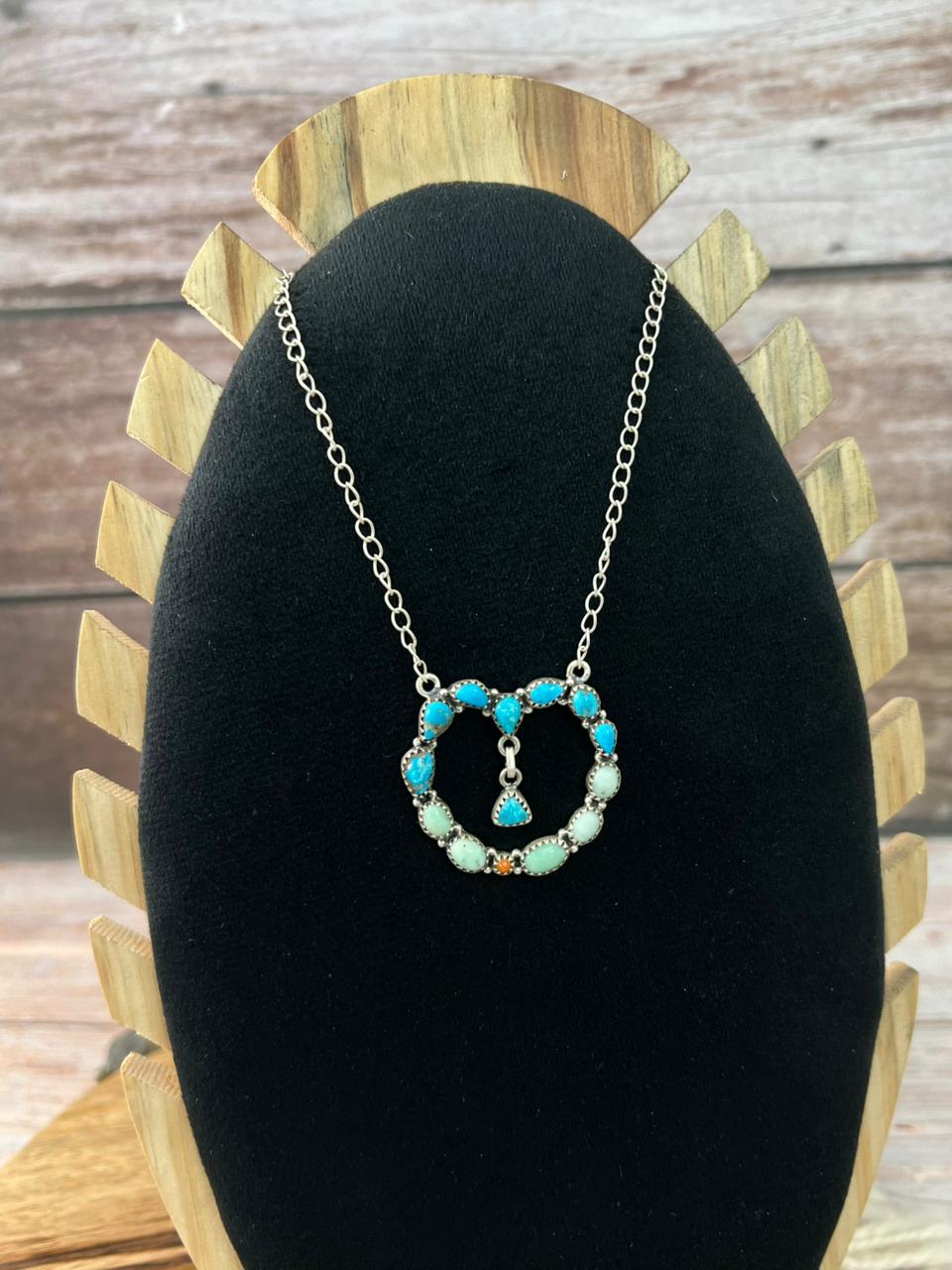 Handmade Sterling Silver Sierra Bella with Paloma Turquoise and Orange Mojave Heart Necklace "Signed Nizhoni"