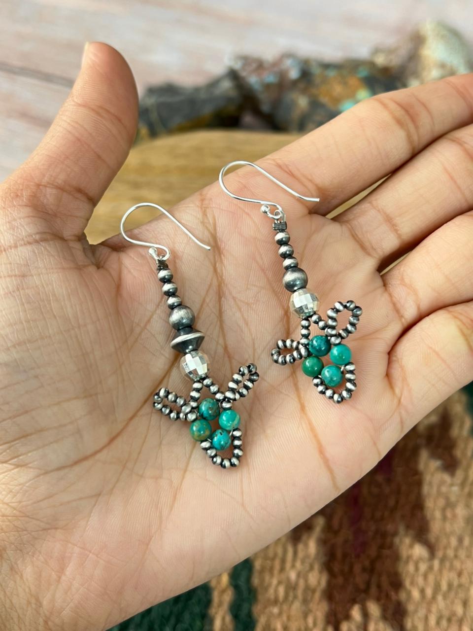 Handmade Sterling Silver Blue Kingman Turquoise Hook Dangle Beaded Earrings