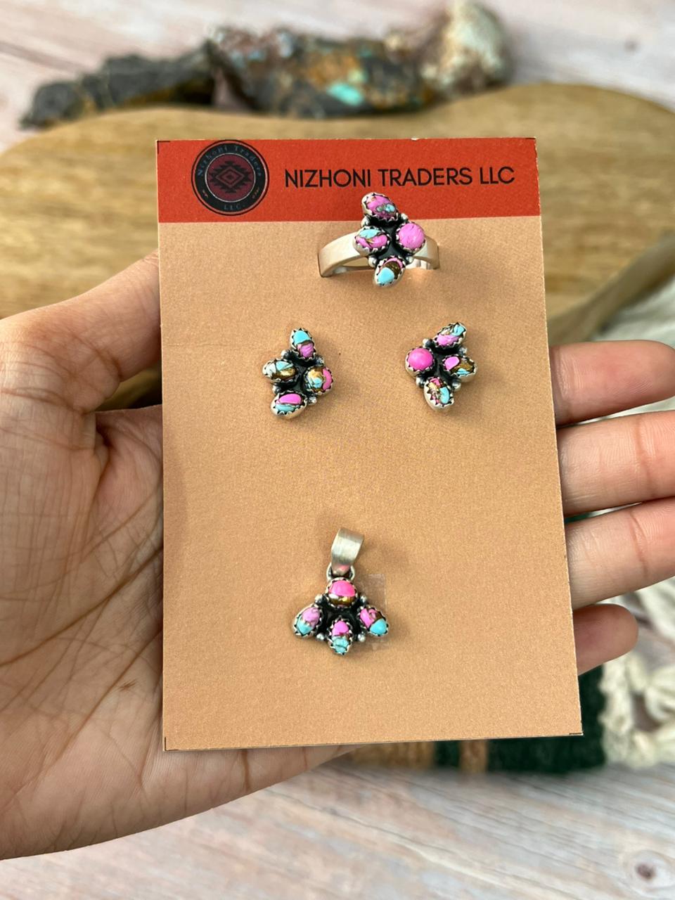 Handmade Sterling Silver Cotton Candy Ring Earrings and Pendant Card Set