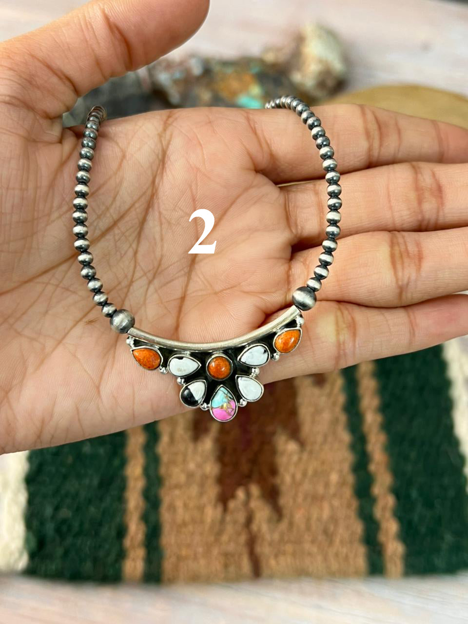 Handmade Sterling Silver Kingman Turquoise, Orange Mojave, White Buffalo, Cotton Candy Beaded Necklace "Signed Nizhoni"