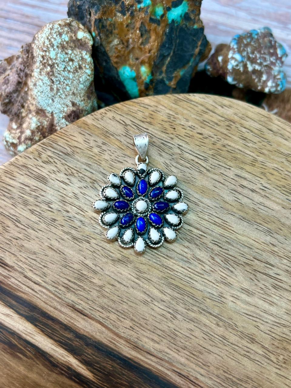 Handmade Sterling Silver White Buffalo with Lapis Pendant "Signed Nizhoni"