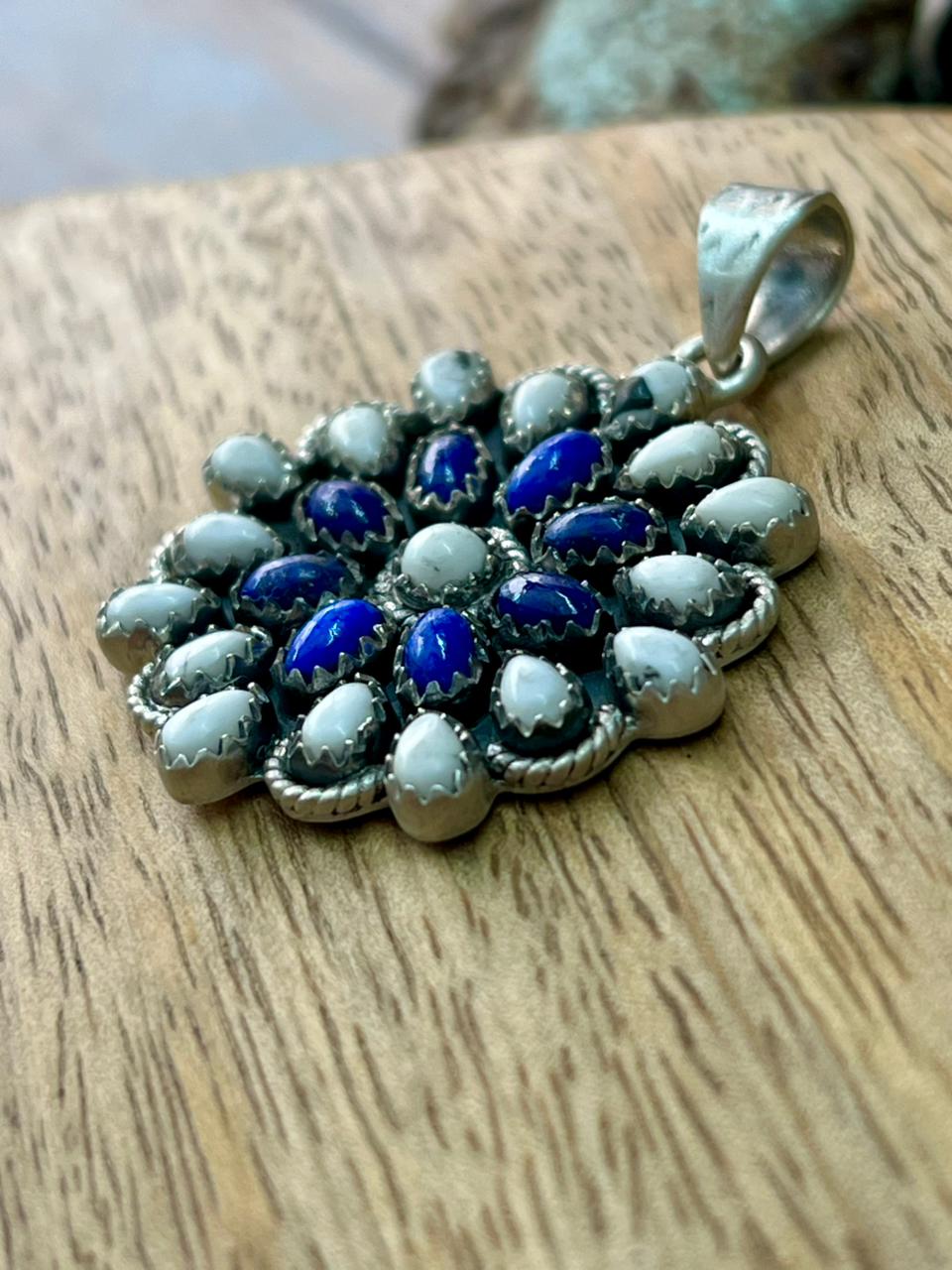 Handmade Sterling Silver White Buffalo with Lapis Pendant "Signed Nizhoni"