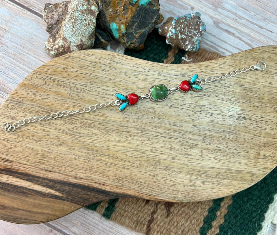 Handmade Sterling Silver Rosarita with Sonoran Mountain and Kingman Turquoise Chain Bracelet "Signed Nizhoni"