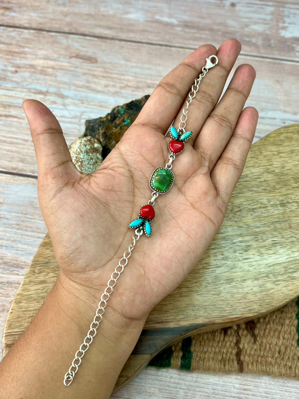Handmade Sterling Silver Rosarita with Sonoran Mountain and Kingman Turquoise Chain Bracelet "Signed Nizhoni"