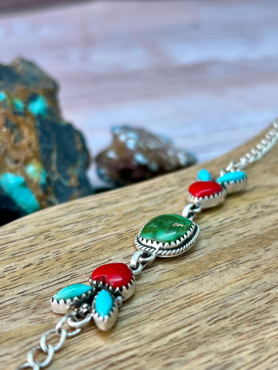 Handmade Sterling Silver Rosarita with Sonoran Mountain and Kingman Turquoise Chain Bracelet "Signed Nizhoni"