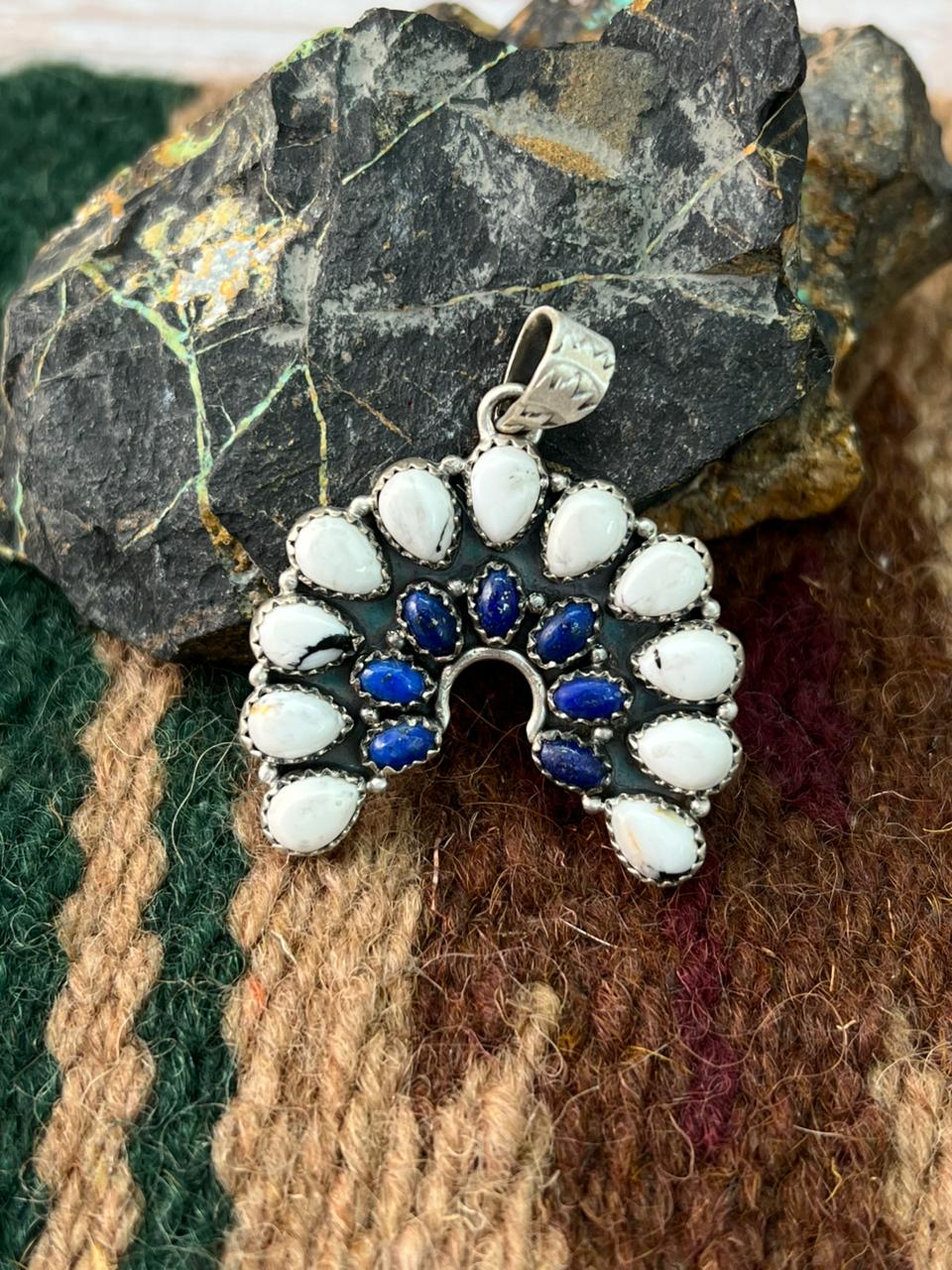 Handmade Sterling Silver White Buffalo with Lapis Naja Pendant "Signed Nizhoni"