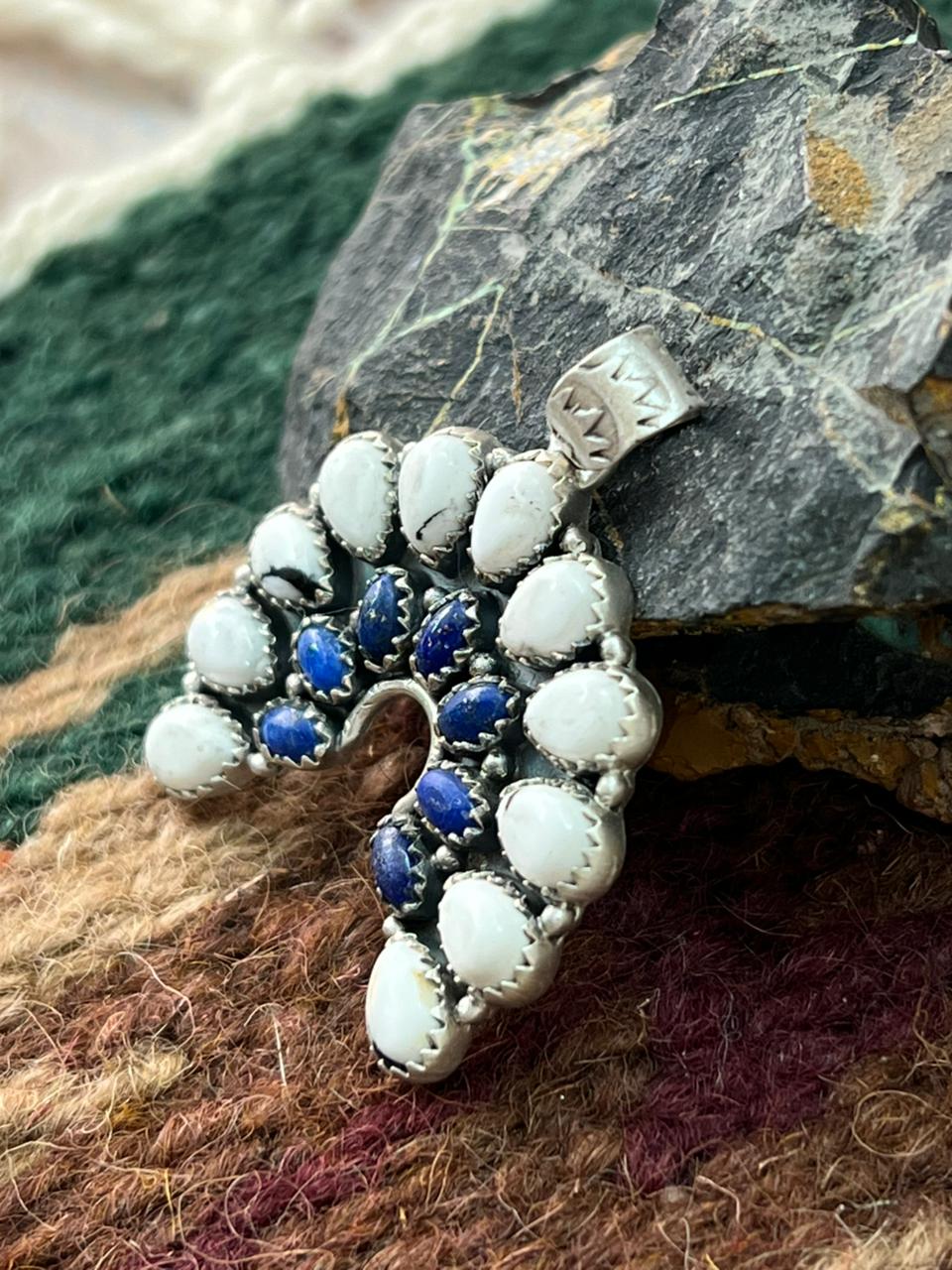 Handmade Sterling Silver White Buffalo with Lapis Naja Pendant "Signed Nizhoni"
