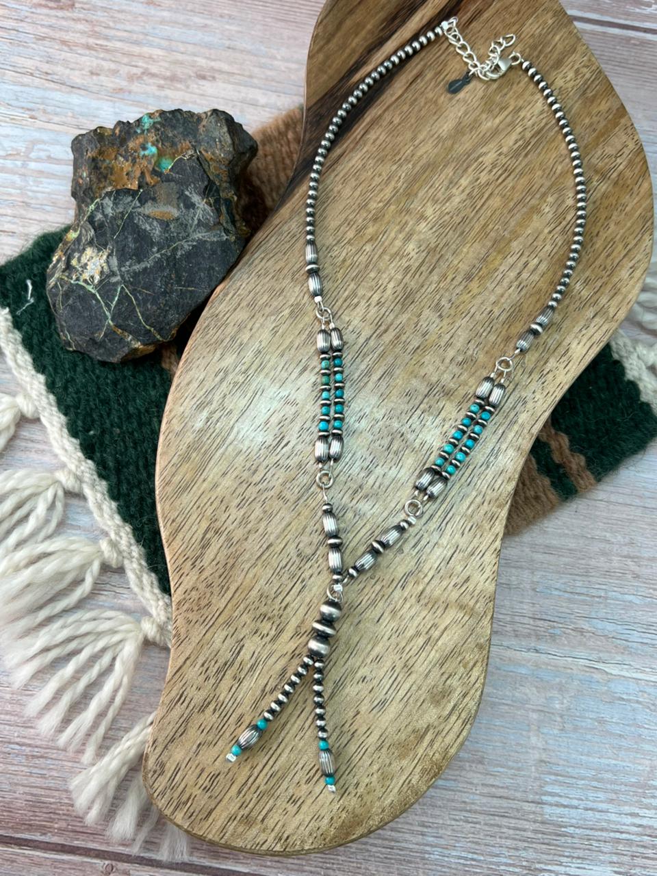 Handmade Sterling Silver Kingman Turquoise Beaded Necklace "Signed Nizhoni"