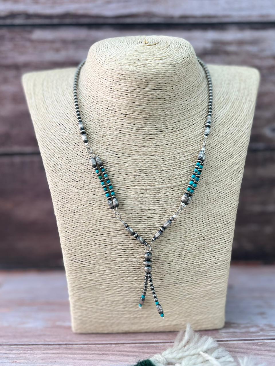 Handmade Sterling Silver Kingman Turquoise Beaded Necklace "Signed Nizhoni"