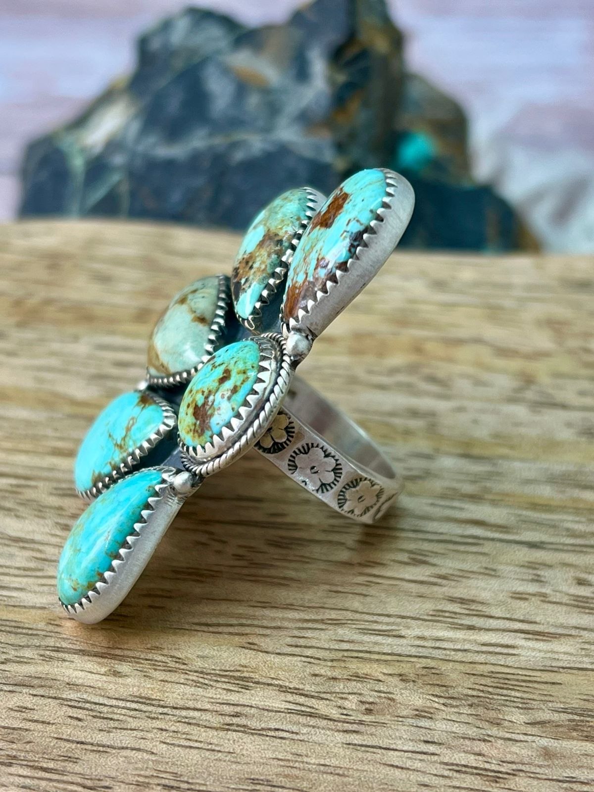 Handmade Sterling Silver Baja Turquoise Collection: Adjustable Ring "Signed Nizhoni" (7)