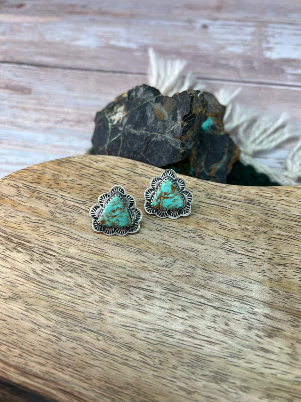 Handmade Sterling Silver Baja Turquoise Collection: Post Studs Earrings "Signed Nizhoni"