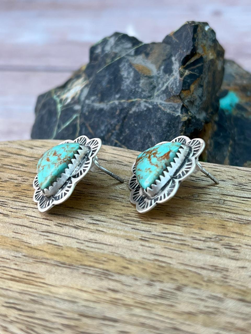 Handmade Sterling Silver Baja Turquoise Collection: Post Studs Earrings "Signed Nizhoni"