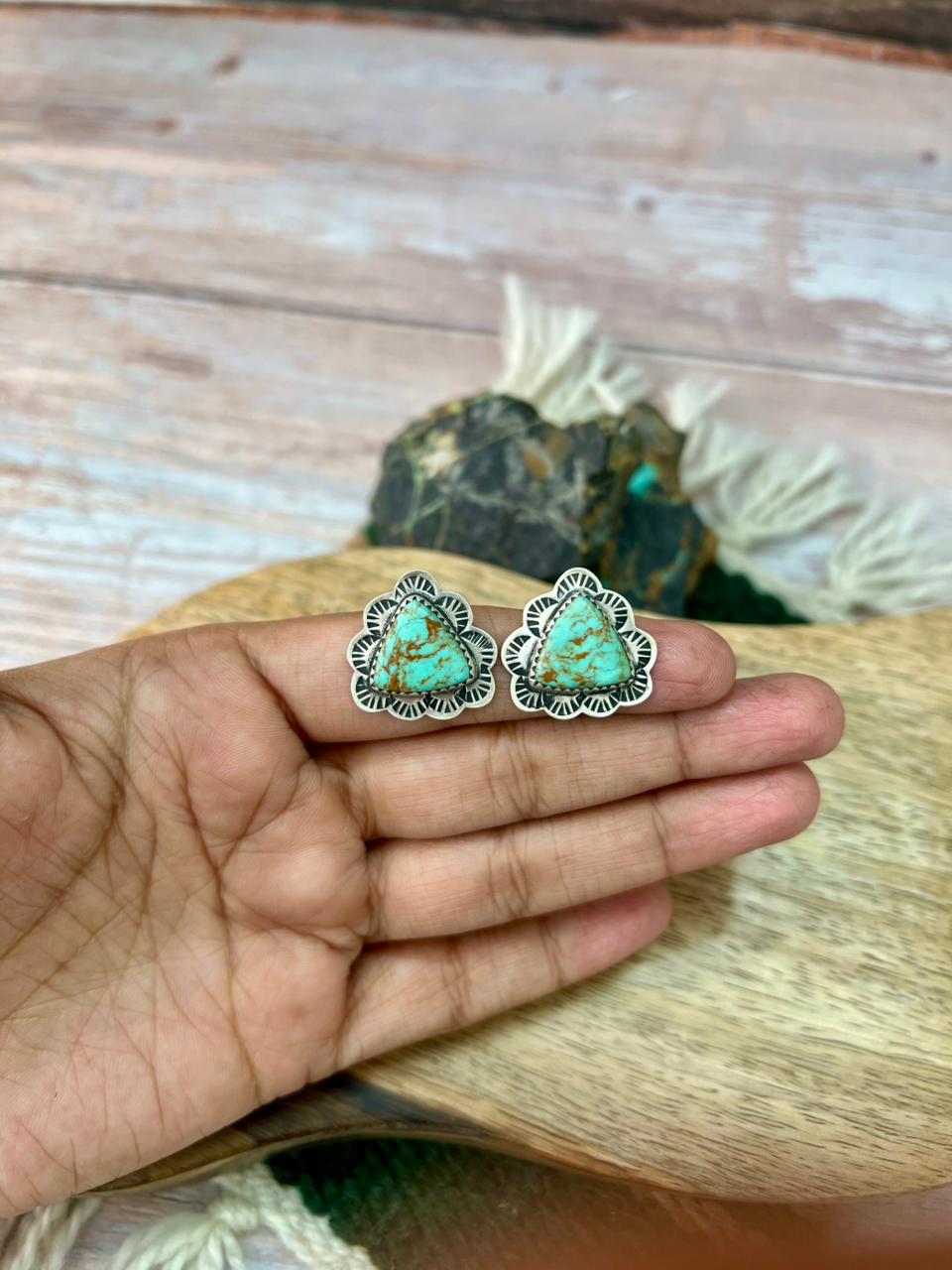 Handmade Sterling Silver Baja Turquoise Collection: Post Studs Earrings "Signed Nizhoni"