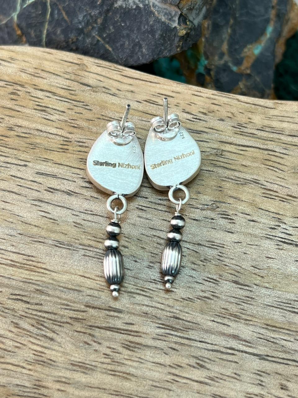 Handmade Sterling Silver Baja Turquoise Collection: Beaded Post Dangle Earrings "Signed Nizhoni"