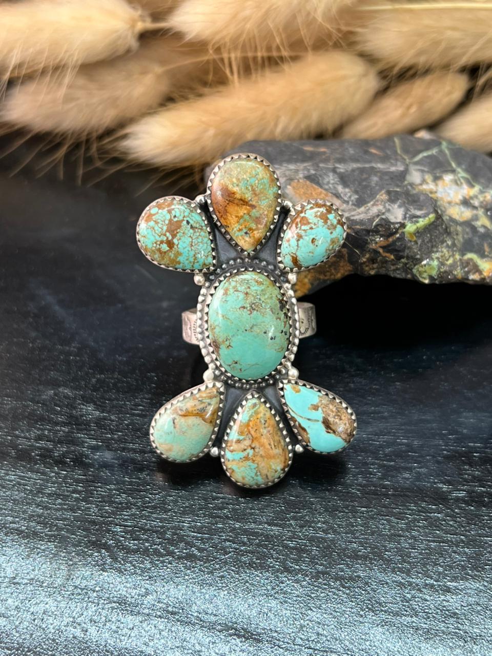Handmade Sterling Silver Baja Turquoise Collection: Adjustable Ring "Signed Nizhoni" (1)