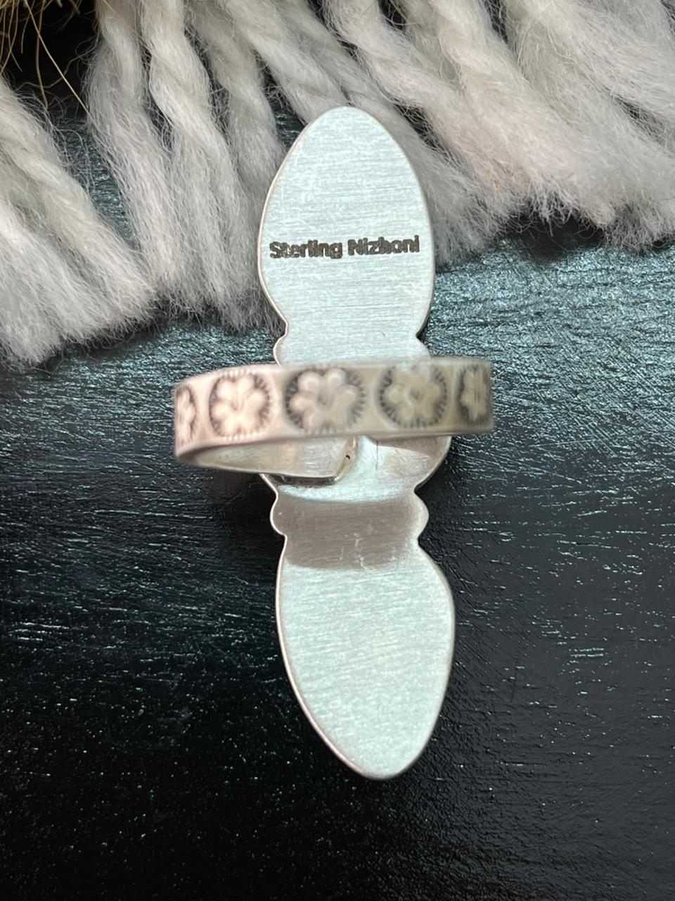 Handmade Sterling Silver Baja Turquoise Collection: Adjustable Ring "Signed Nizhoni" (9)