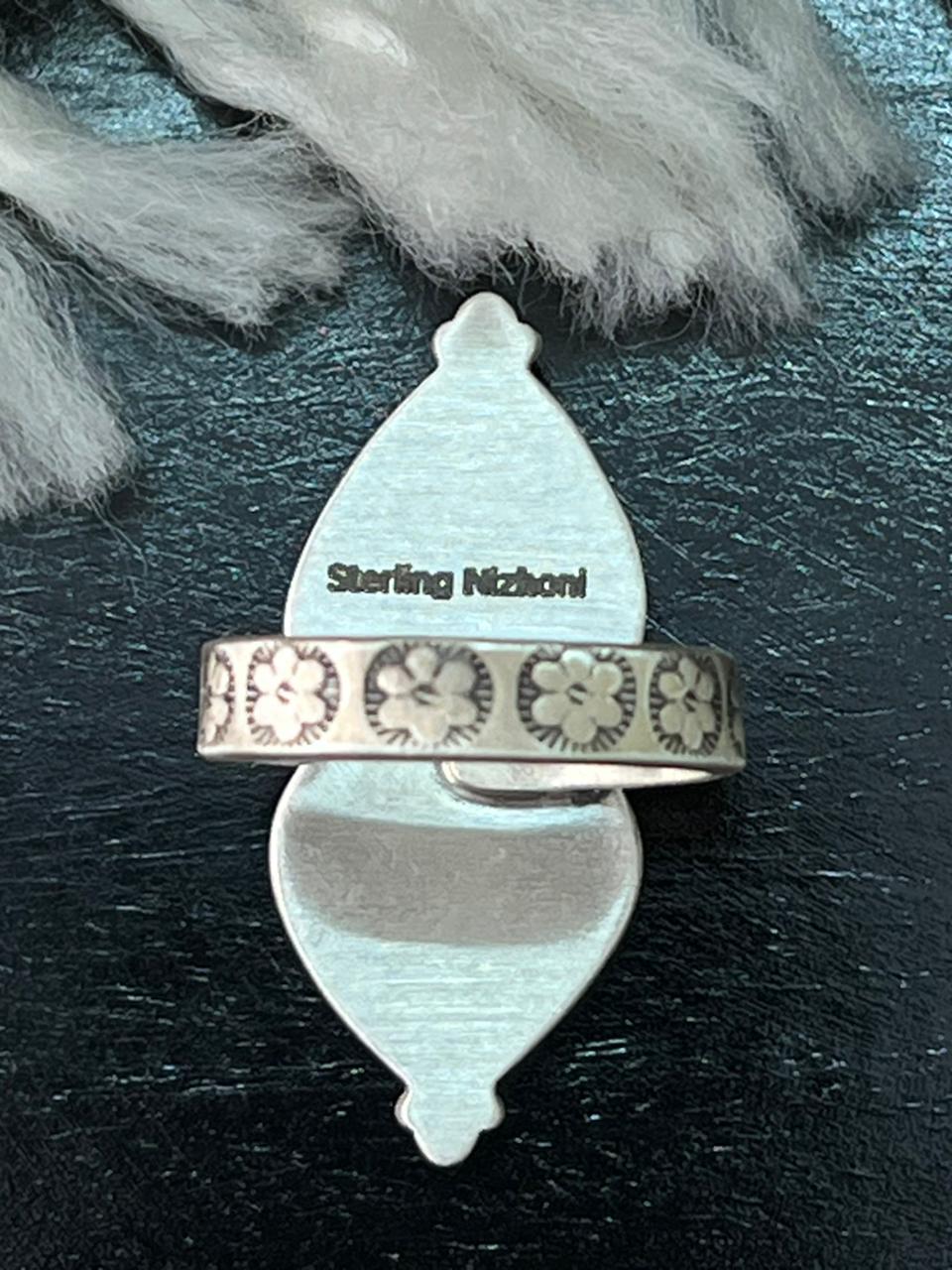 Handmade Sterling Silver Baja Turquoise Collection: Heart Adjustable Ring "Signed Nizhoni" (8)