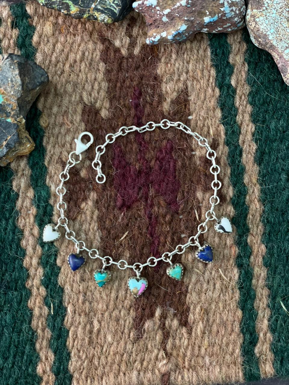 Handmade Sterling Silver White Buffalo with Cotton Candy, Lapis and Kingman Turquoise Chain Bracelet "Signed Nizhoni"