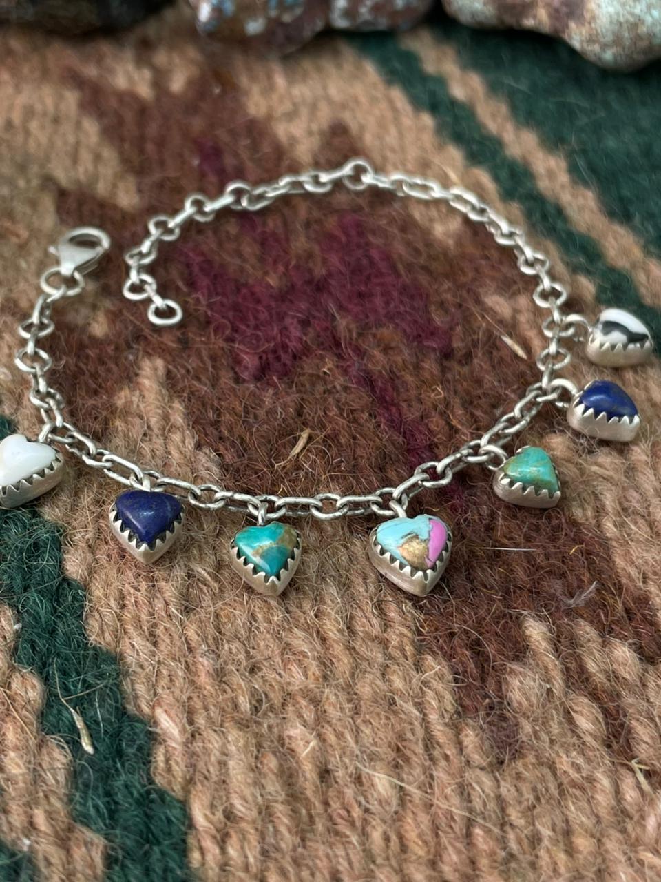Handmade Sterling Silver White Buffalo with Cotton Candy, Lapis and Kingman Turquoise Chain Bracelet "Signed Nizhoni"