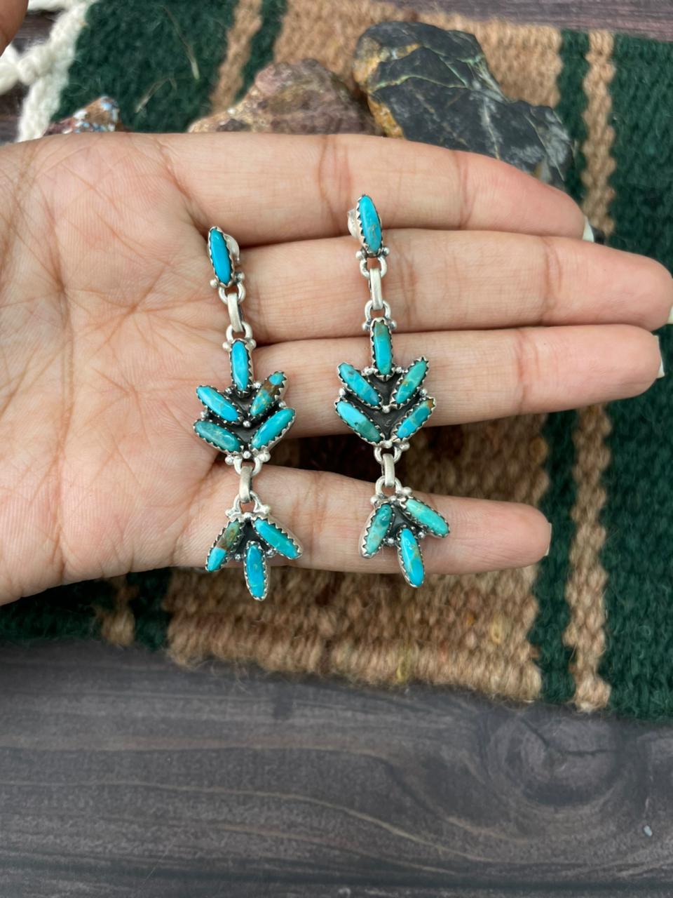 Handmade Sterling Silver Kingman Turquoise Post Dangle Earrings "Signed Nizhoni"