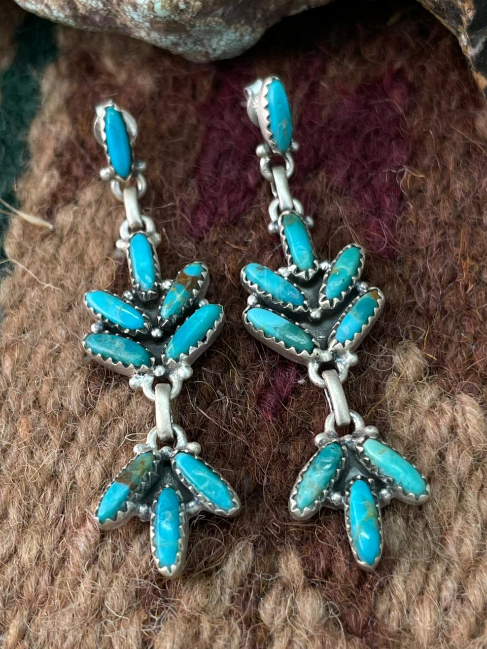 Handmade Sterling Silver Kingman Turquoise Post Dangle Earrings "Signed Nizhoni"