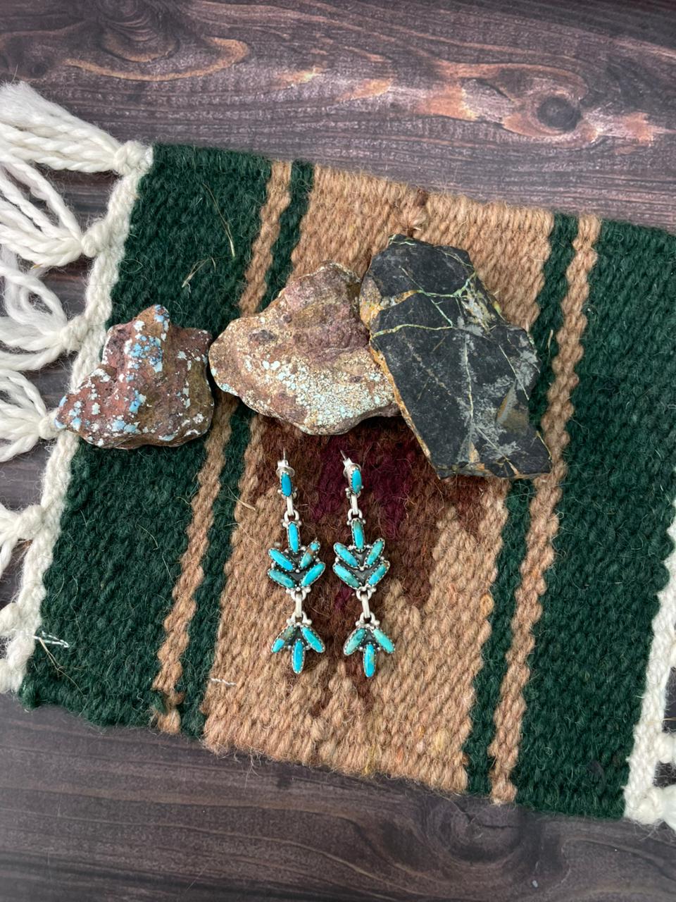 Handmade Sterling Silver Kingman Turquoise Post Dangle Earrings "Signed Nizhoni"