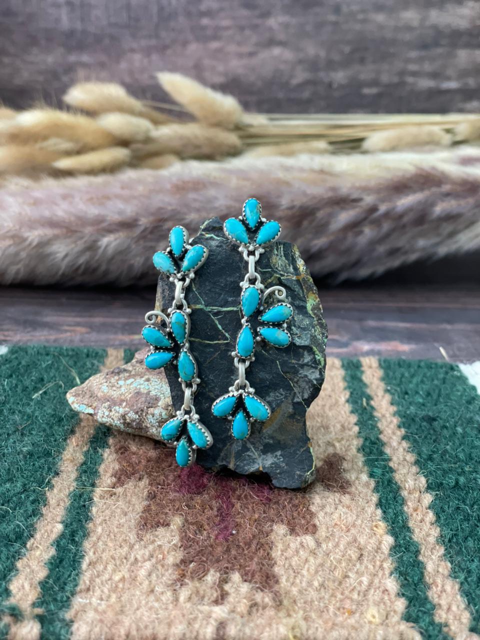 Handmade Sterling Silver Kingman Turquoise Post Dangle Earrings "Signed Nizhoni"