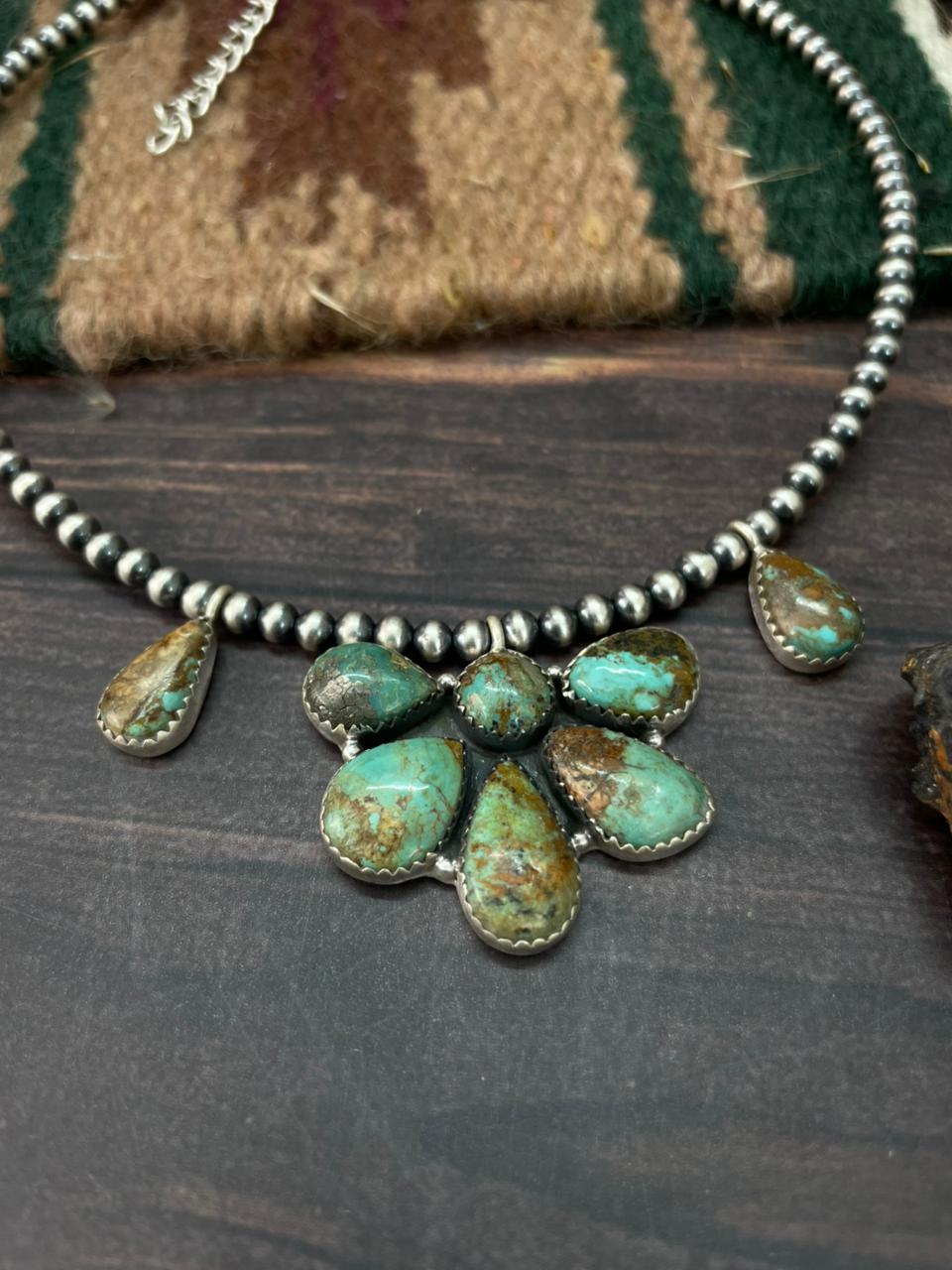 Handmade Sterling Silver Baja Turquoise Collection: Beaded Necklace "Signed Nizhoni"