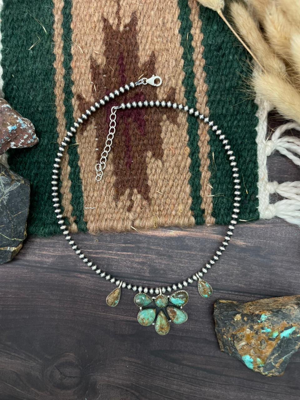 Handmade Sterling Silver Baja Turquoise Collection: Beaded Necklace "Signed Nizhoni"