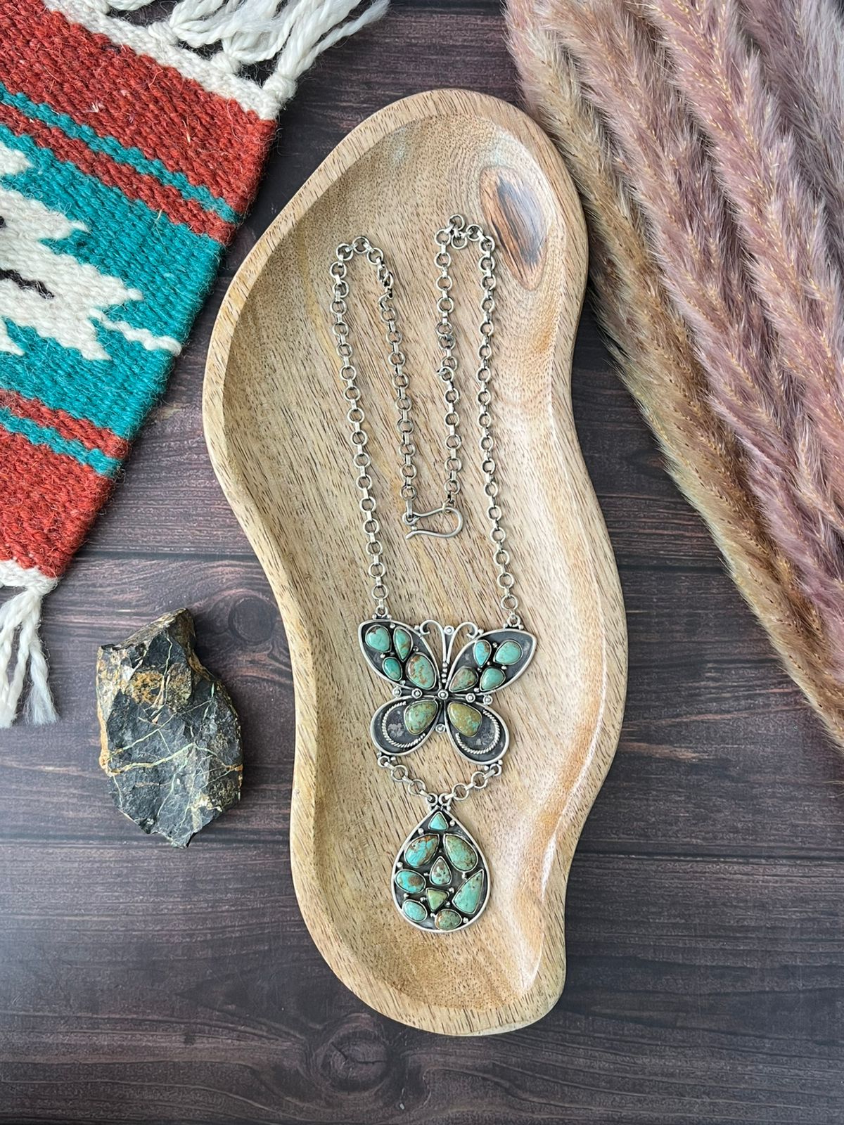 Handmade Sterling Silver Baja Turquoise Collection: Butterfly Drop Necklace "Signed Nizhoni"