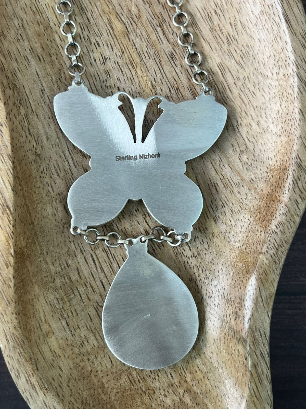 Handmade Sterling Silver Baja Turquoise Collection: Butterfly Drop Necklace "Signed Nizhoni"