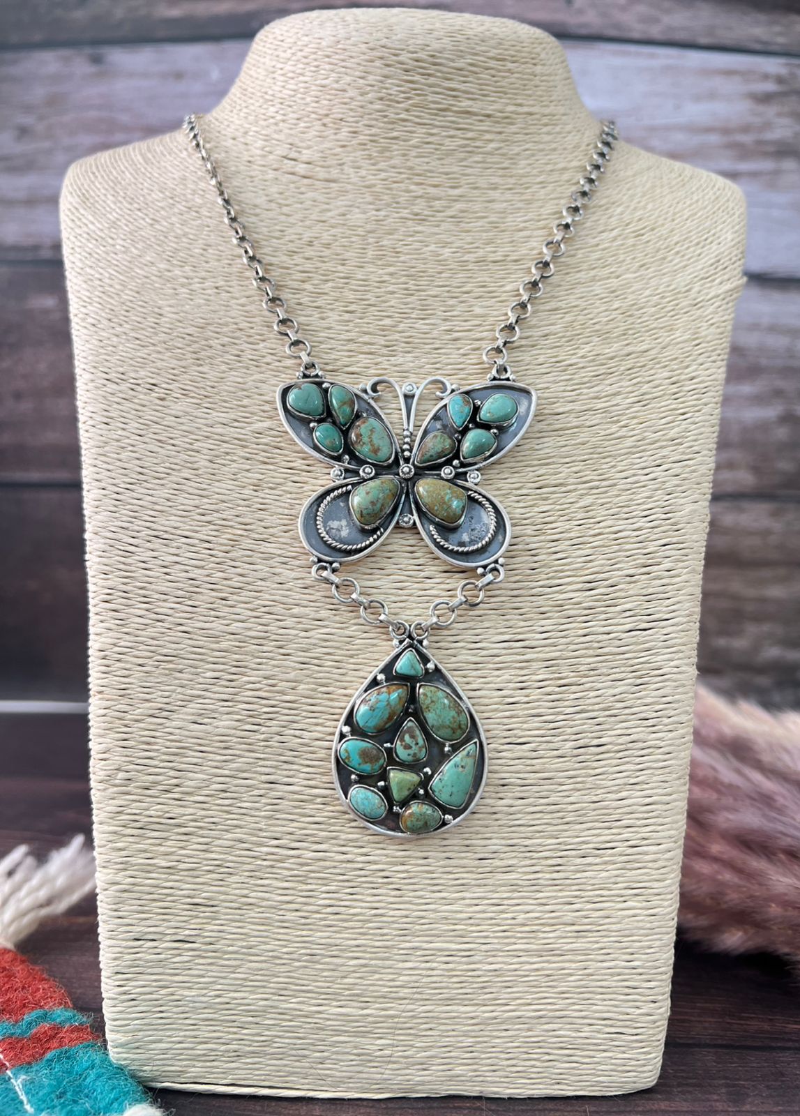 Handmade Sterling Silver Baja Turquoise Collection: Butterfly Drop Necklace "Signed Nizhoni"