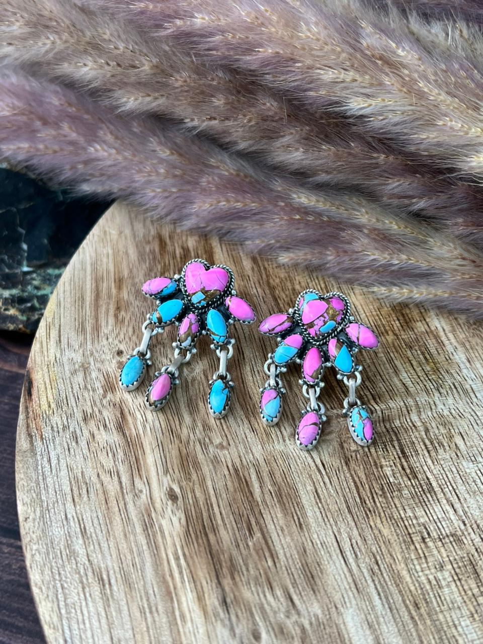 Handmade Sterling Silver Cotton Candy Post Dangle Heart Earrings "Signed Nizhoni"