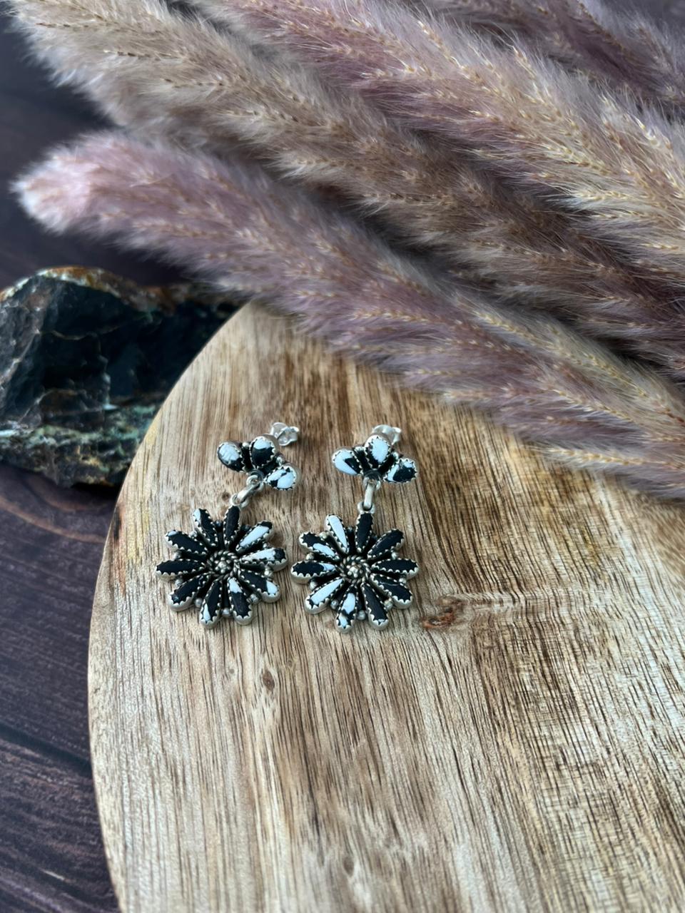 Handmade Sterling Silver White Buffalo Post Dangle Earrings "Signed Nizhoni"